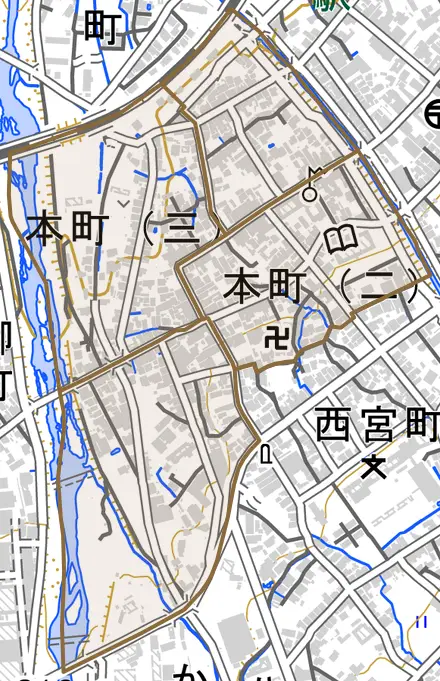 本町とその周辺の地図。町の範囲を重ねている