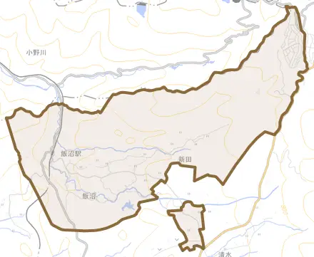飯沼とその周辺の地図。町の範囲を重ねている