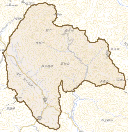 加子母とその周辺の地図。町の範囲を重ねている