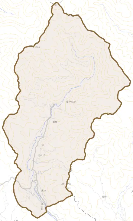 川上とその周辺の地図。町の範囲を重ねている