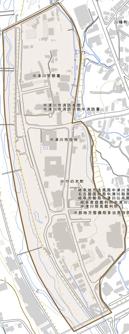 かやの木町とその周辺の地図。町の範囲を重ねている