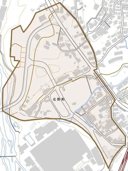 北野町とその周辺の地図。町の範囲を重ねている