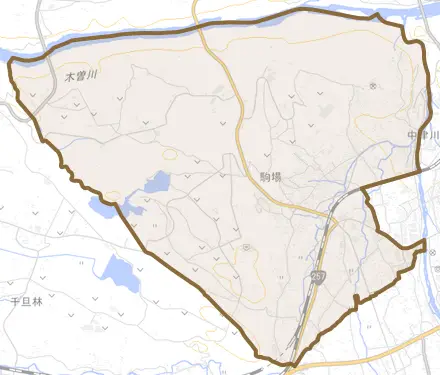 駒場とその周辺の地図。町の範囲を重ねている