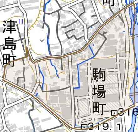 駒場町とその周辺の地図。町の範囲を重ねている