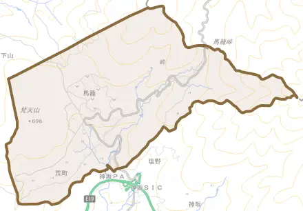 馬籠とその周辺の地図。町の範囲を重ねている