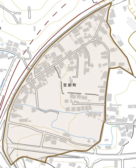宮前町とその周辺の地図。町の範囲を重ねている