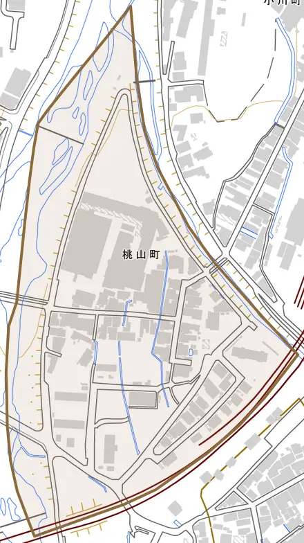 桃山町とその周辺の地図。町の範囲を重ねている