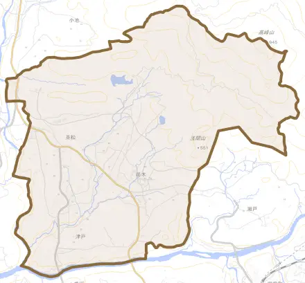 苗木とその周辺の地図。町の範囲を重ねている