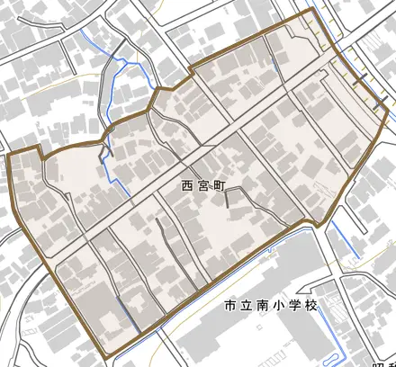 西宮町とその周辺の地図。町の範囲を重ねている