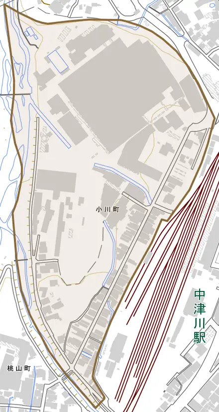 小川町とその周辺の地図。町の範囲を重ねている