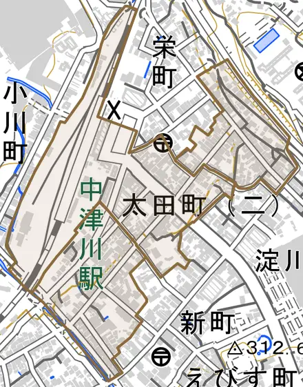 太田町とその周辺の地図。町の範囲を重ねている