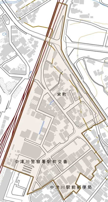 栄町とその周辺の地図。町の範囲を重ねている