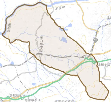 千旦林とその周辺の地図。町の範囲を重ねている
