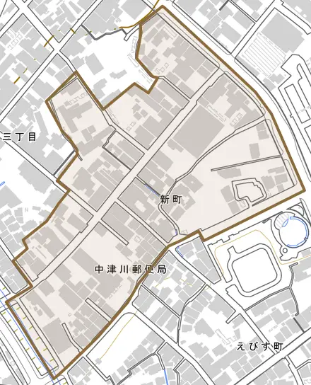 新町とその周辺の地図。町の範囲を重ねている