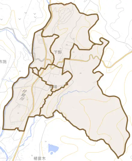 下野とその周辺の地図。町の範囲を重ねている