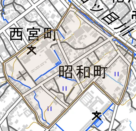 昭和町とその周辺の地図。町の範囲を重ねている