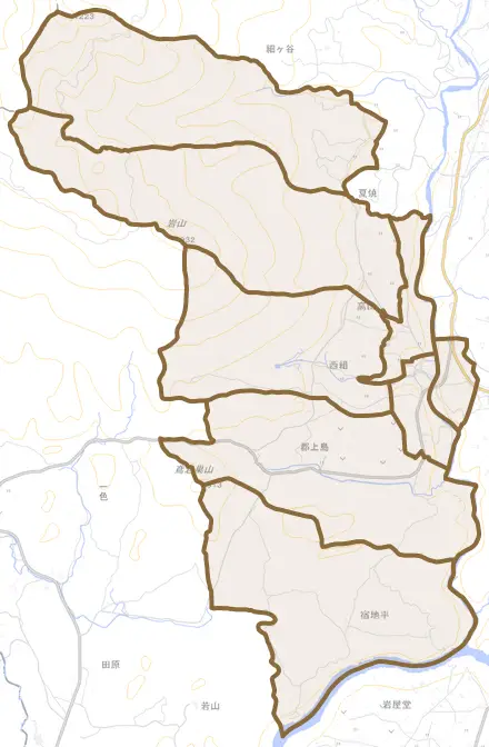 高山とその周辺の地図。町の範囲を重ねている