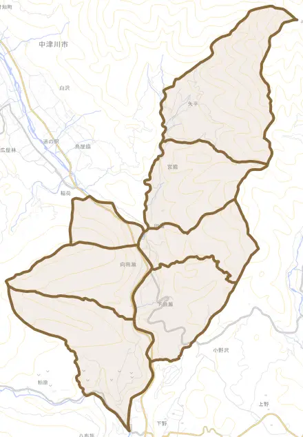 田瀬とその周辺の地図。町の範囲を重ねている