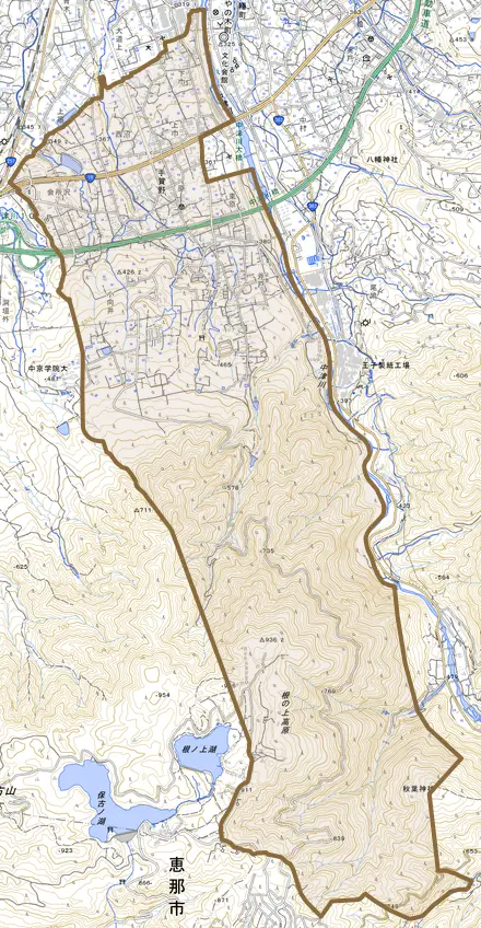 手賀野とその周辺の地図。町の範囲を重ねている