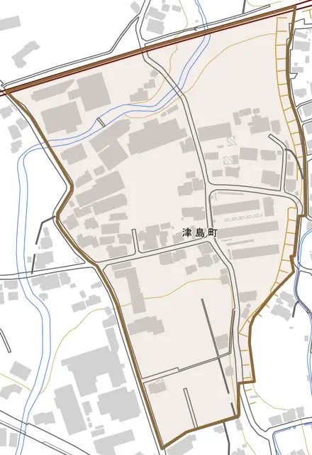 津島町とその周辺の地図。町の範囲を重ねている