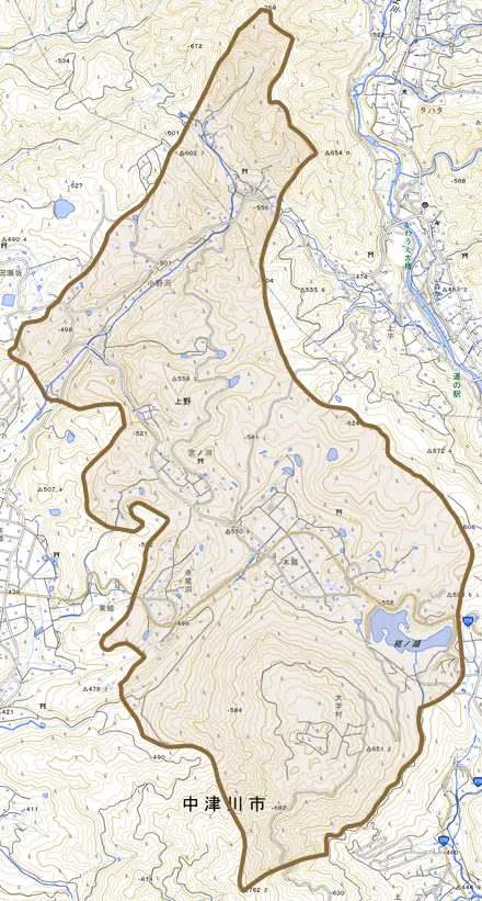 上野とその周辺の地図。町の範囲を重ねている