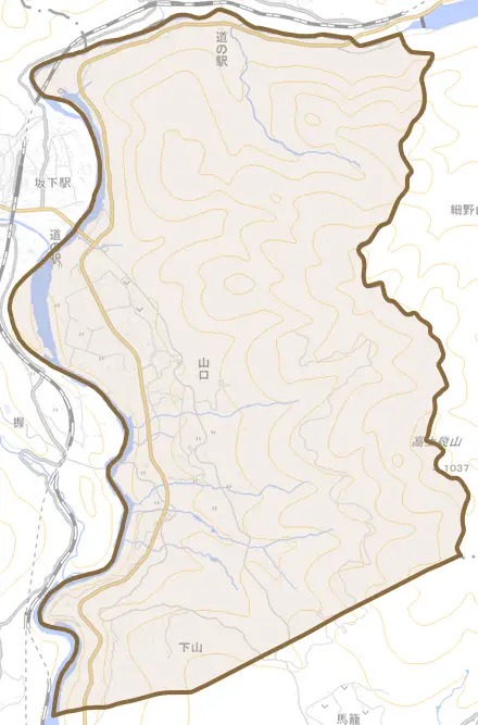 山口とその周辺の地図。町の範囲を重ねている