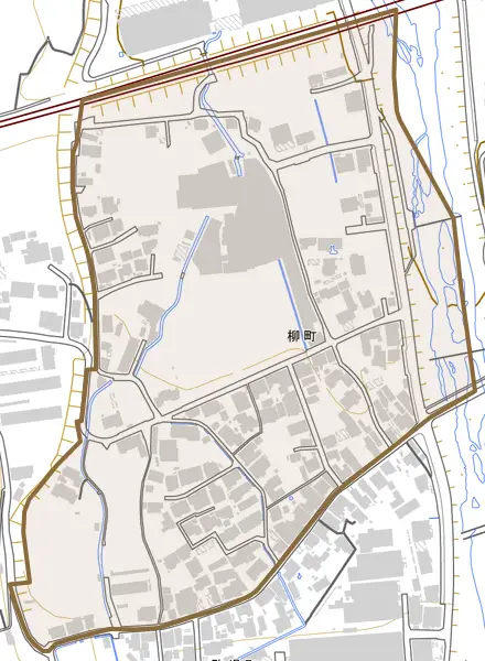 柳町とその周辺の地図。町の範囲を重ねている