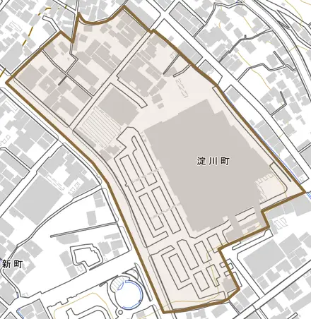 淀川町とその周辺の地図。町の範囲を重ねている