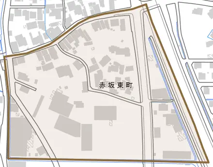 赤坂東町とその周辺の地図。町の範囲を重ねている