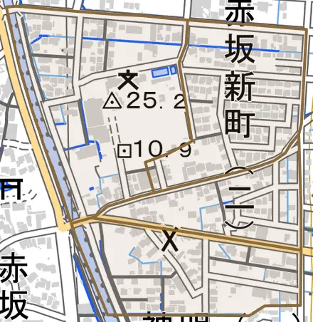 赤坂新町とその周辺の地図。町の範囲を重ねている
