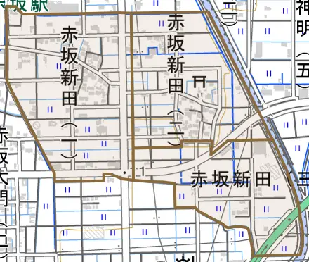 赤坂新田とその周辺の地図。町の範囲を重ねている