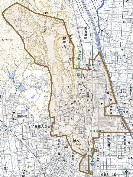 赤坂町とその周辺の地図。町の範囲を重ねている
