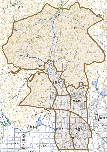 青墓町とその周辺の地図。町の範囲を重ねている