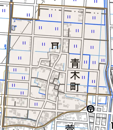 青木町とその周辺の地図。町の範囲を重ねている