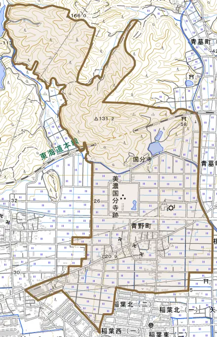 青野町とその周辺の地図。町の範囲を重ねている