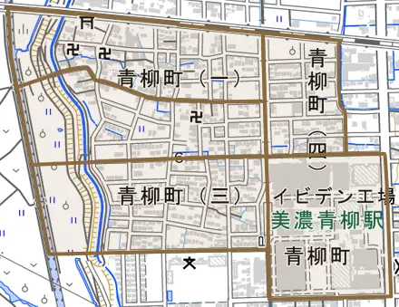 青柳町とその周辺の地図。町の範囲を重ねている