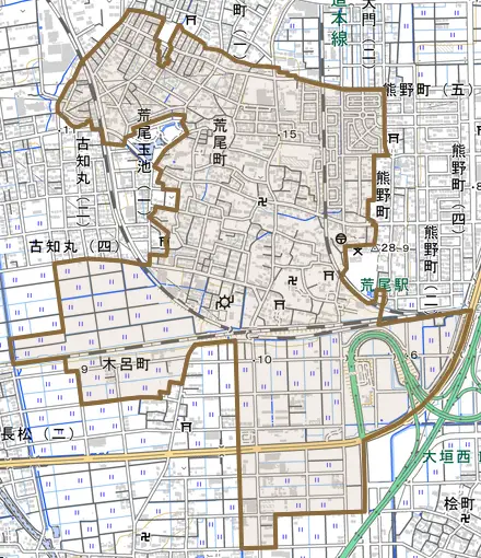 荒尾町とその周辺の地図。町の範囲を重ねている