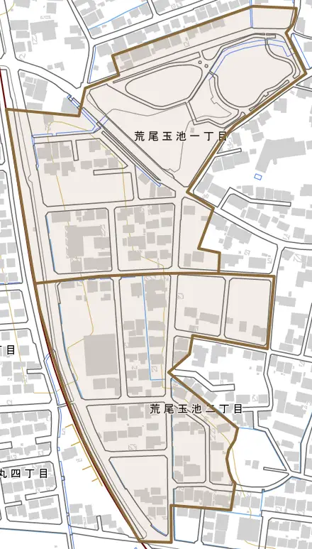 荒尾玉池とその周辺の地図。町の範囲を重ねている