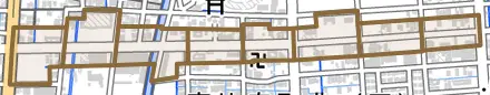 旭町とその周辺の地図。町の範囲を重ねている