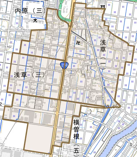 浅草とその周辺の地図。町の範囲を重ねている