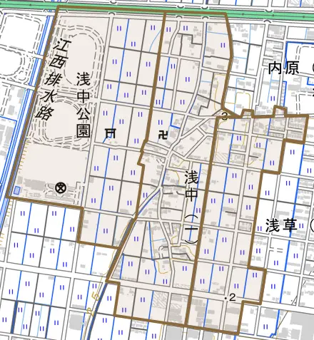 浅中とその周辺の地図。町の範囲を重ねている