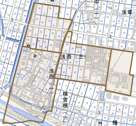 浅西とその周辺の地図。町の範囲を重ねている
