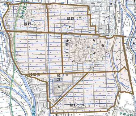 綾野とその周辺の地図。町の範囲を重ねている