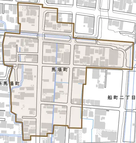 馬場町とその周辺の地図。町の範囲を重ねている