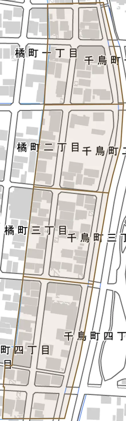 千鳥町とその周辺の地図。町の範囲を重ねている