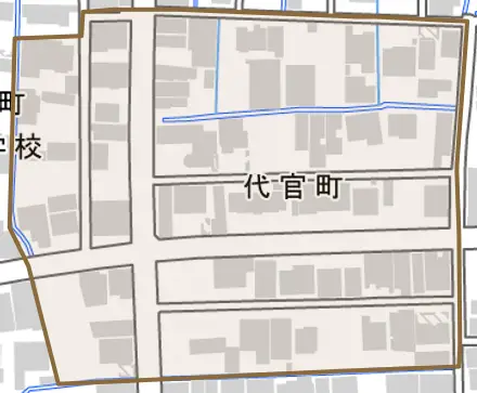 代官町とその周辺の地図。町の範囲を重ねている