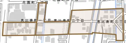 恵比寿町とその周辺の地図。町の範囲を重ねている