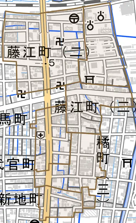 藤江町とその周辺の地図。町の範囲を重ねている