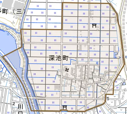 深池町とその周辺の地図。町の範囲を重ねている