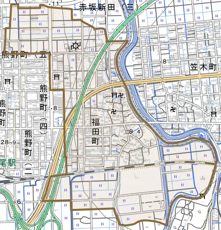 福田町とその周辺の地図。町の範囲を重ねている